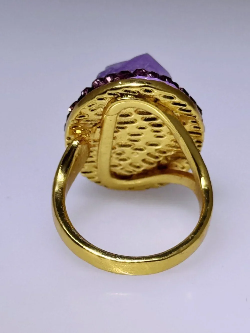 Gold plate fashion ring, NWOT, adjustable, raw Amethyst crystal center, CZs